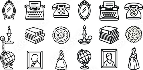 Vintage items collection: typewriter, telephone, globe, mirror, and more
