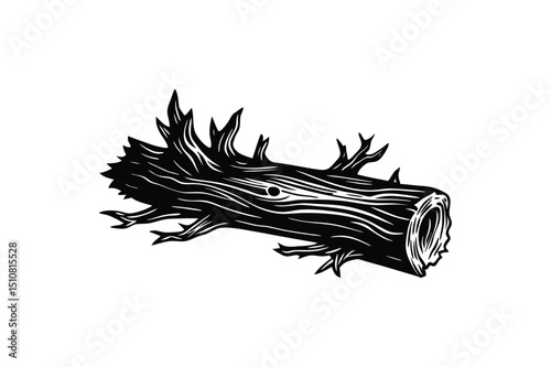 Fallen Tree Trunk Silhouette Vector Illustration on White Background.