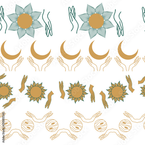 Horizontal border, set Magic and heavens seamless pattern, with magical elements Symbols of witchcraft theme