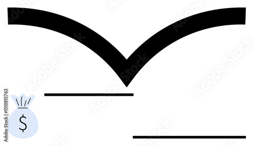 Abstract symbol with bold black curve above a small money bag and horizontal lines. Ideal for finance, savings, investment, wealth management, branding, minimalist concepts, simple landing page