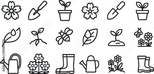 Gardening icons set featuring plants, flowers, and tools for designs