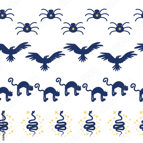 Horizontal border, set Magic and heavens seamless pattern, with magical elements Symbols of witchcraft theme