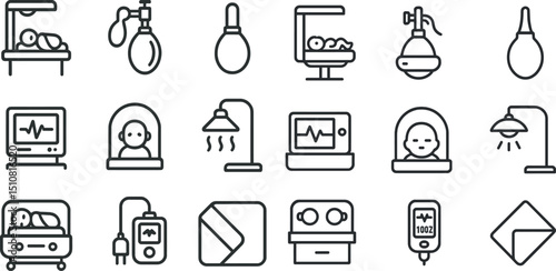 Hospital equipment icons collection for medical design and digital interfaces