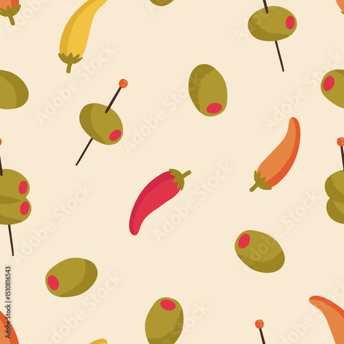 Italian Aperitif Seamless Pattern - Textile Design with Olives and Chili Peppers