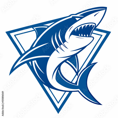 Blue Shark Vector Illustration with Triangle Background for Sports Team Logo