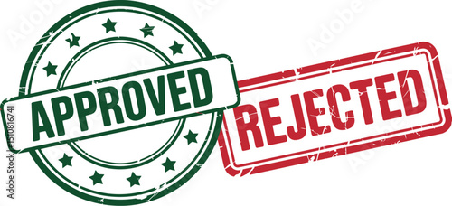 A green approved stamp with stars and a red rejected stamp on a white background in a digital image