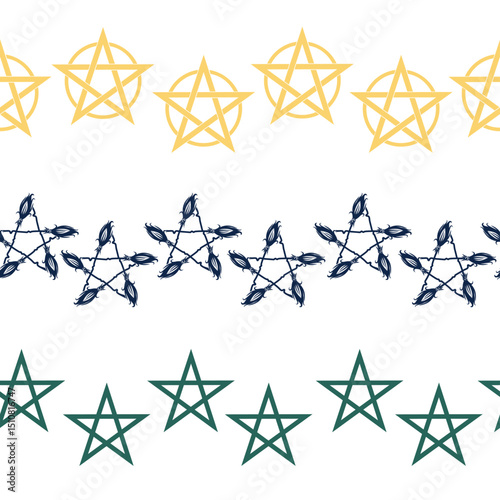 Horizontal border, set Magic and heavens seamless pattern, with magical elements Symbols of witchcraft theme