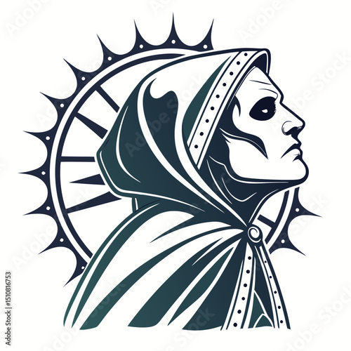 Grim Reaper Figure in Profile with Hood and Spiked Halo Illustration