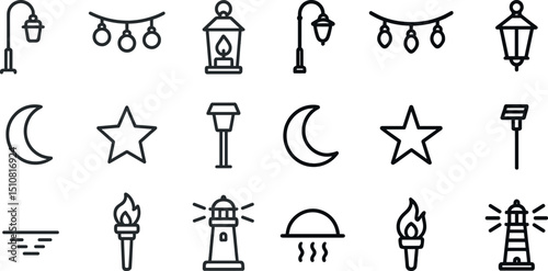 Minimalist line art of lighting icons and celestial symbols for design projects