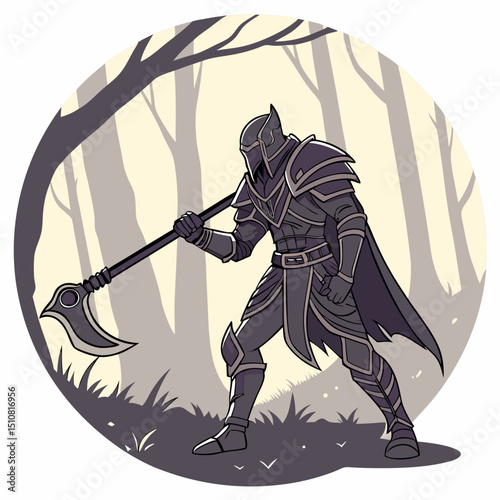 Dark Knight with Axe in Forest Illustration for Fantasy Game Assets