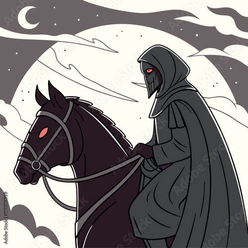 Dark Rider on Horseback Under Moonlight Fantasy Illustration with Cloak and Mask