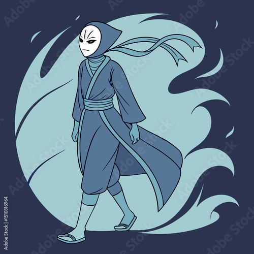 Mysterious Figure in Traditional Garb Walking Through Abstract Water Design