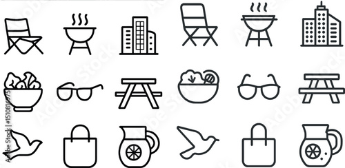 Summer picnic and outdoor activities icons for design projects