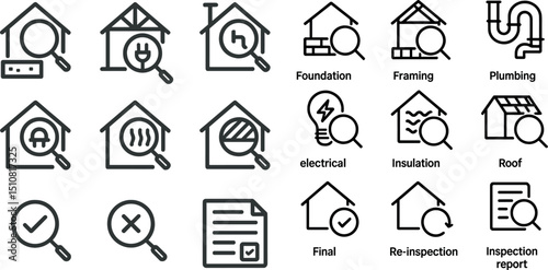 Comprehensive home inspection icons for various building elements and utilities