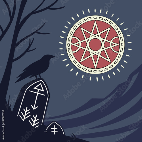 Eerie Night Scene with Crow on Gravestone and Occult Symbol