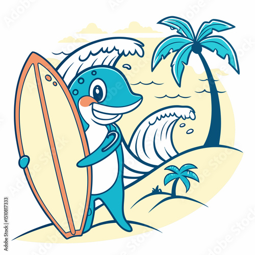 Cartoon Dolphin Surfer on a Tropical Beach with Palm Trees