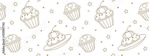 Cute seamless pattern with cupcakes and UFO desserts surrounded by stars. Ideal for playful bakery packaging, sweet shop branding, or kids’ party . Light brown line art design.