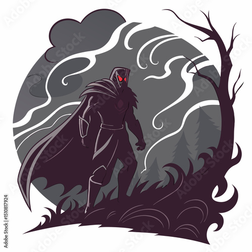 Dark Superhero in a Forest with Red Eyes and Cape