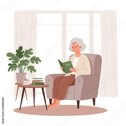 Elderly Woman Relaxing at Home with a Book Coffee and Plant in a Cozy Armchair