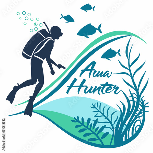 Aqua Hunter Illustration with Diver Fish and Underwater Plants Elements