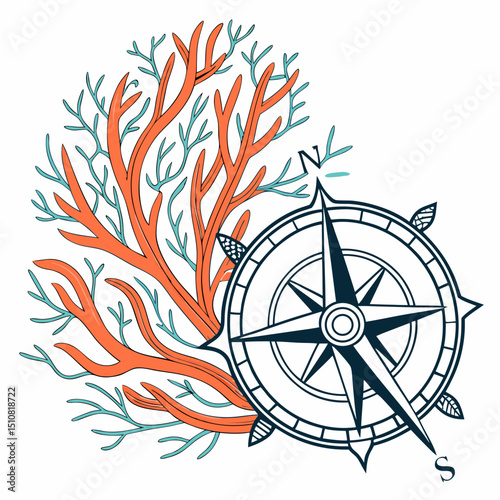 Coral and Compass Rose Illustration for Nautical or Marine Themed Designs