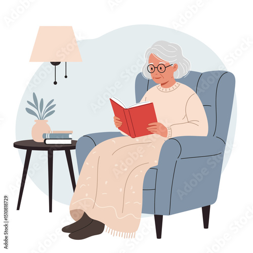 Senior Woman Reading a Book in Armchair with Blanket in Cozy Living Room Illustration