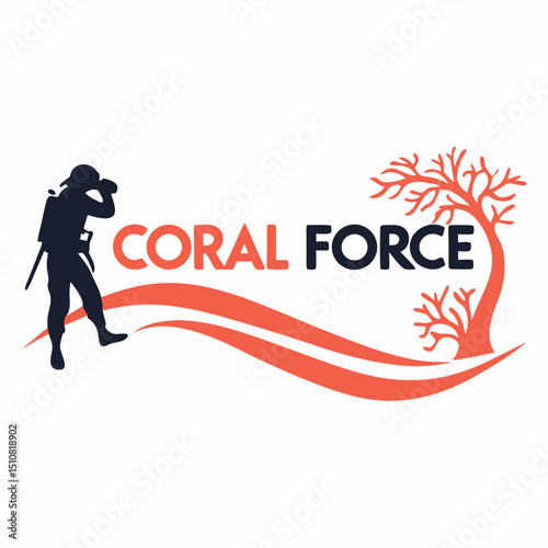 Coral Force Logo Design with Diver Silhouette and Coral Tree Illustration