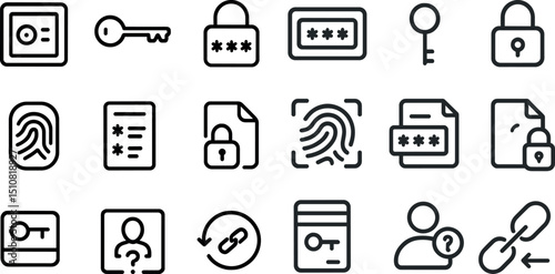 Security icons set featuring keys, locks, biometric access, and encryption symbols