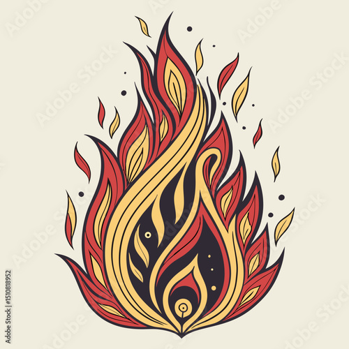 Stylized Flame Illustration with Red Yellow and Black Elements on Beige Background