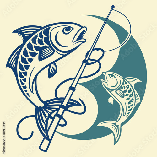 Fishing Adventure Illustration Featuring Two Fish and a Fishing Rod Design