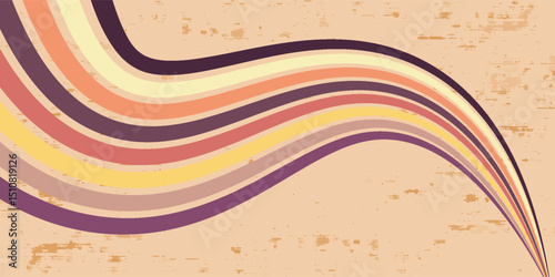 Abstract colorful 70s background vector. Vintage retro wallpaper with rainbow stripes and wavy lines. A 1970 color illustration suitable for posters, banners, decorative items and wall art.