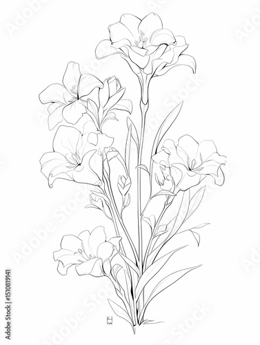Detailed freesia flower, black and white line art, multiple blooms