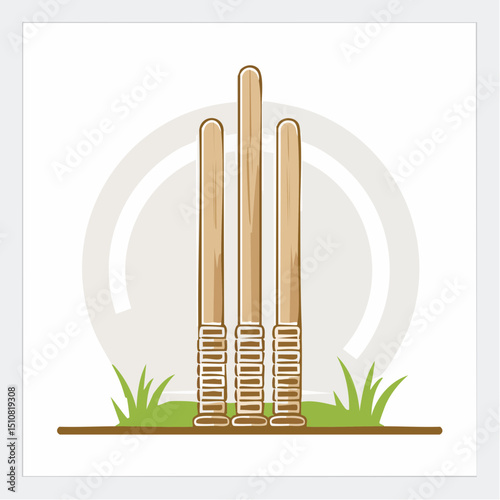 Cricket Wickets Illustration: Wooden Stumps on Green Grass Field