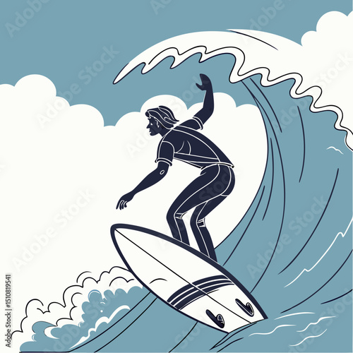 Silhouette of Surfer Riding a Wave with Clouds in the Background