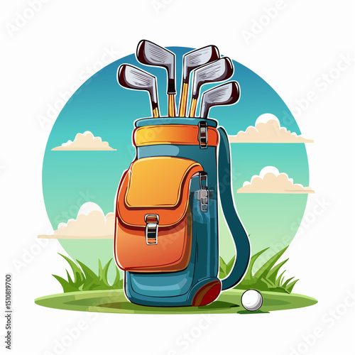 Golf Bag with Clubs on Grassy Field Illustration