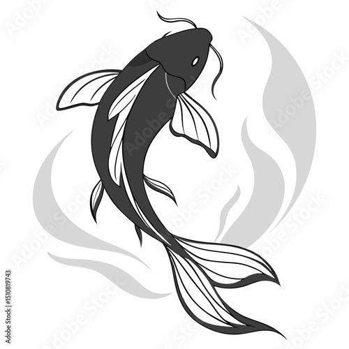 Elegant Black and White Koi Fish Illustration with Flowing Water Design