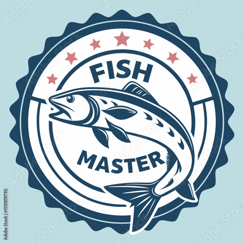 Fish Master Logo Design with Jumping Fish and Star Accents