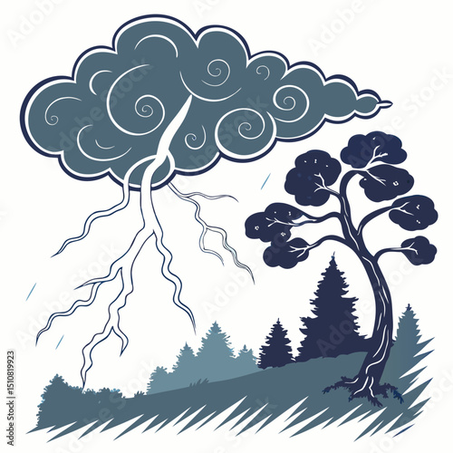 Stylized Illustration of a Stormy Landscape with Lightning and Trees