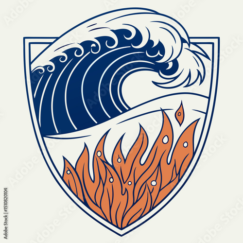 Wave and Fire Emblem Illustration in Blue and Orange Colors