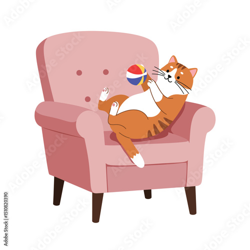 Playful Tabby Cat Relaxing on Pink Armchair Playing with a Colorful Ball Isolated on White