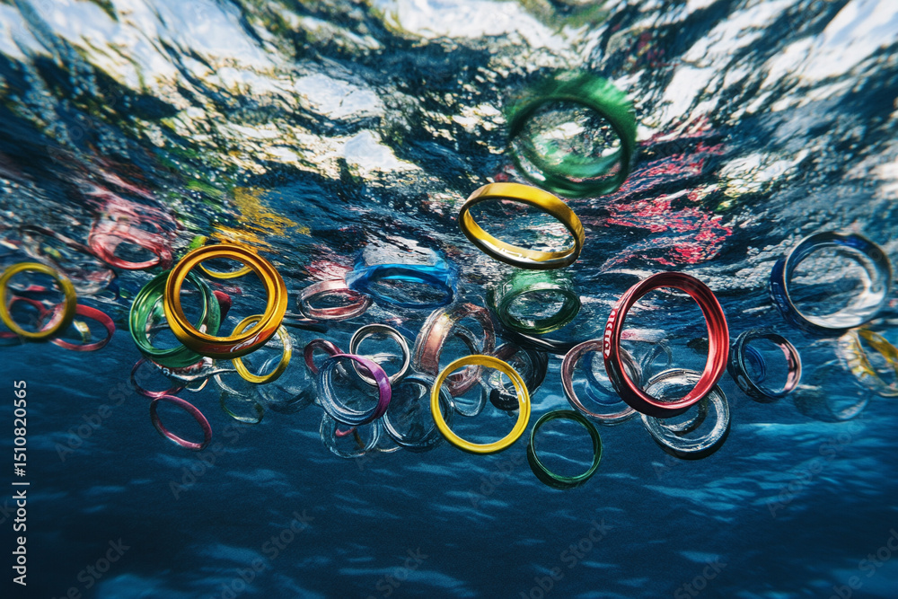 Plastic rings from soda cans floating aimlessly in the ocean Plastic rings from soda cans floating aimlessly in the ocean