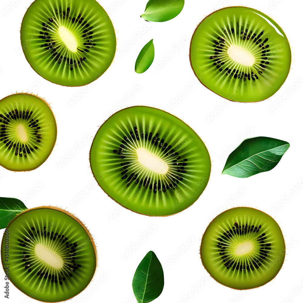 Fototapeta premium A close up of a green kiwi fruit with a leaf next to it