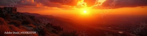 A majestic sunrise over the ancient land of Israel, symbolizing divine presence and the enduring spirit of the nation , hope, history