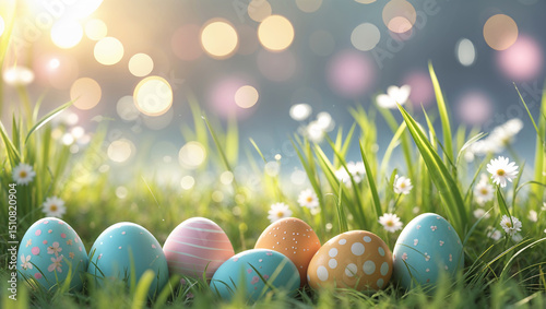 Colorful Easter eggs hidden in fresh green grass with daisies and bokeh lights, capturing a soft springtime atmosphere