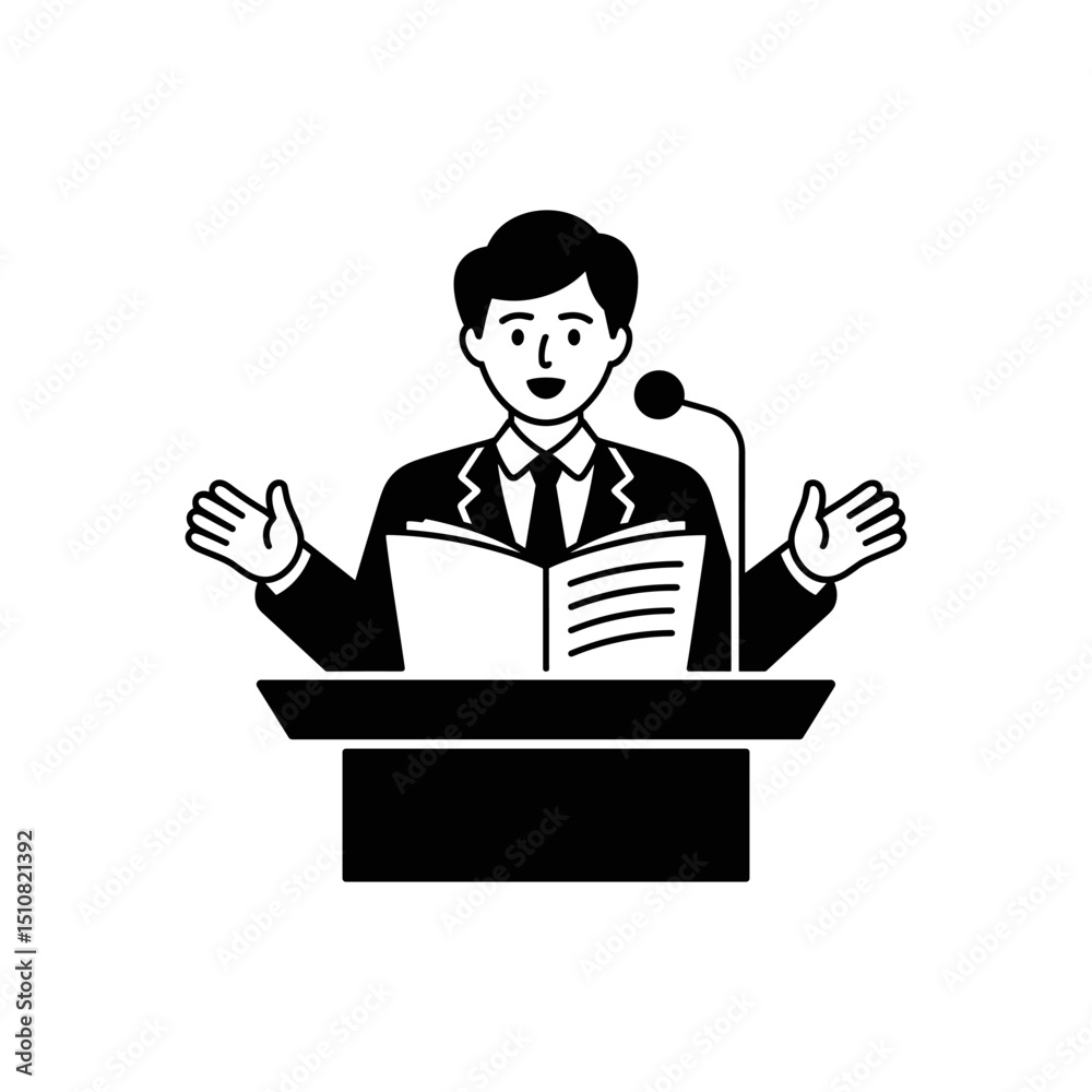 Monochrome Speaker: A speaker delivers with book at podium in monochrome elegance, capturing the essence of communication and public speaking. Monochrome Speaker: A speaker delivers with book at podium in monochrome elegance, capturing the essence of communication and public speaking.