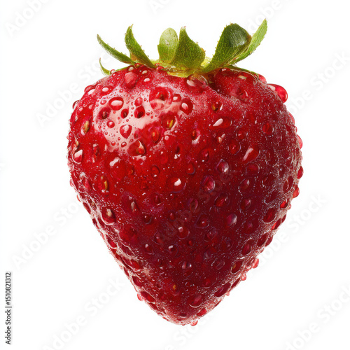 Wet fresh strawberry with water droplets on surface, isolated on white background.