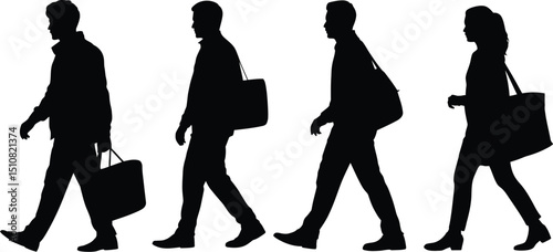 Silhouette of four people walking with bags in hand and over shoulder on a white background scene view