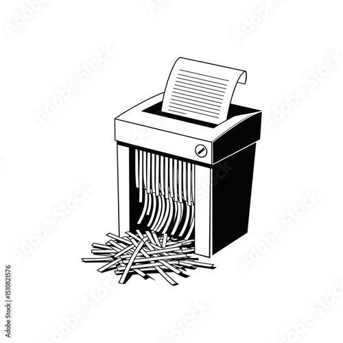 Shredded Secrets: A stark black and white illustration of a document being methodically destroyed by a paper shredder, emphasizing privacy and security.