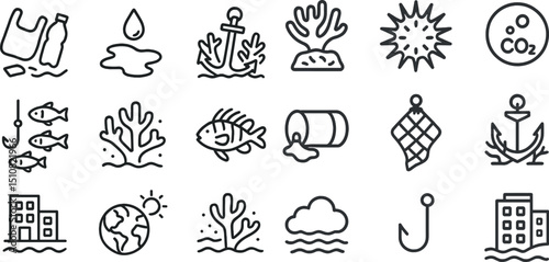 Sustainable ocean conservation icons for environmental awareness and design projects