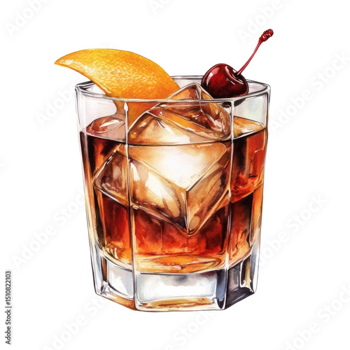 PNG Old Fashioned cocktail with ice cubes, orange slice. Watercolor illustration of a classic whiskey drink with artistic splash effect.